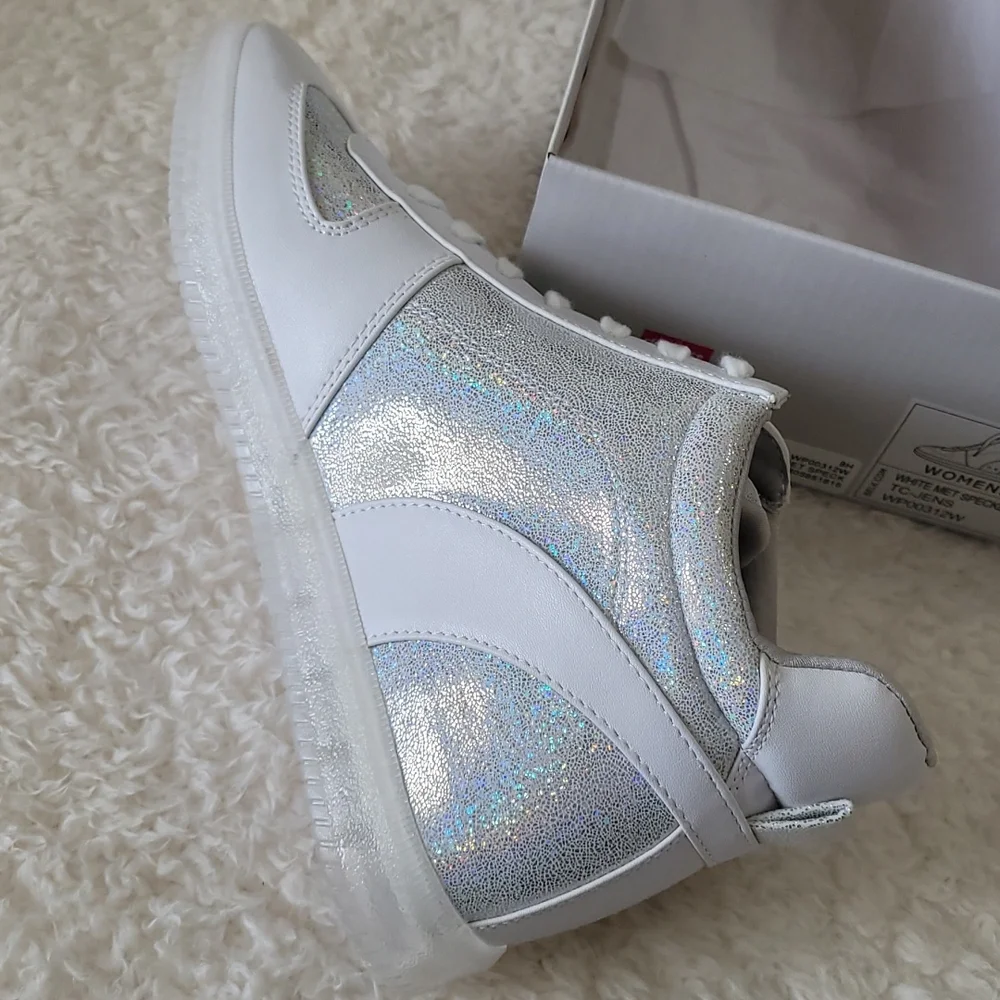 NEW Women's White Sparkly Sneakers High Top Glitter Shine Shoes 9M True Craft